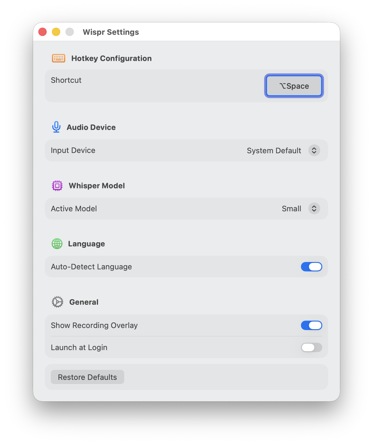 Settings panel