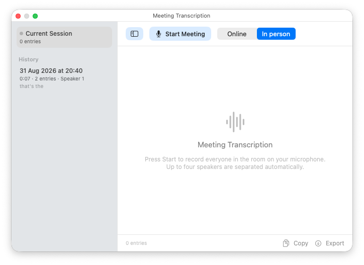 Meeting Transcription window ready to record an in-person or online meeting