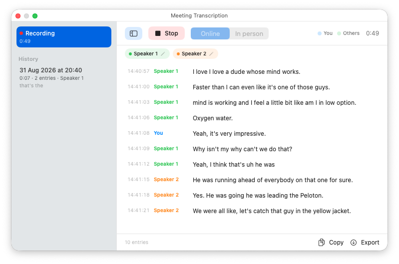 Live meeting transcript with timestamps and separate speaker labels